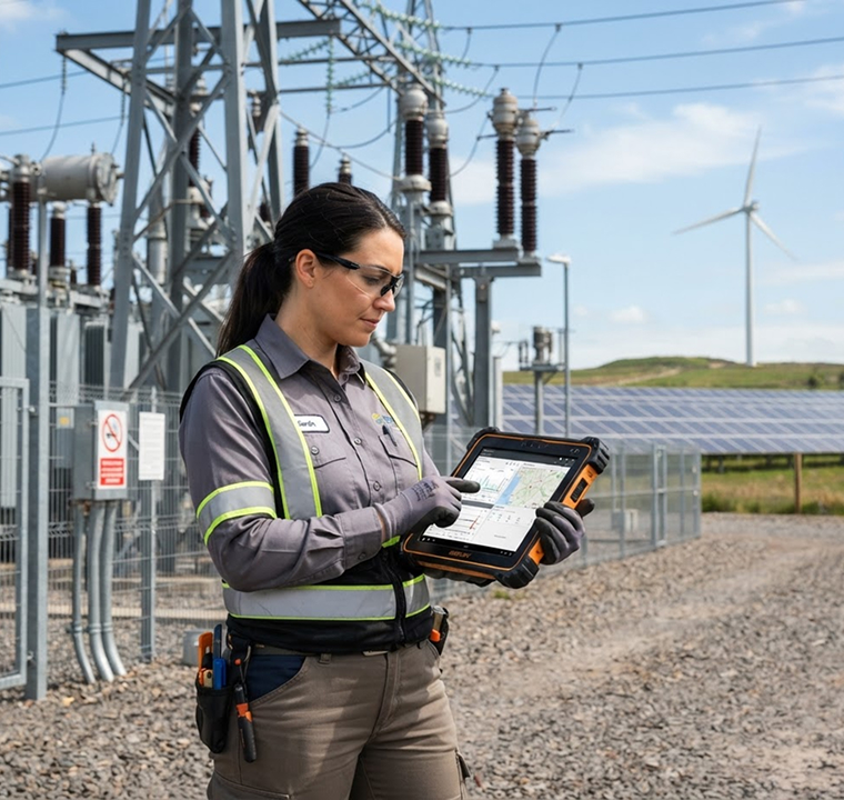 Utility professional checking asset data on a tablet at an electrical substation